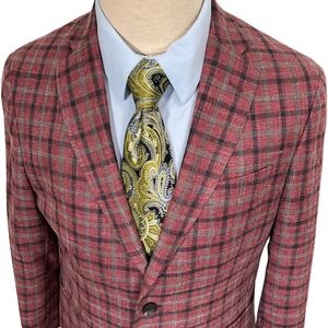 1901 Blazer Mens 40R Burgundy Plaid Extra Trim Gingham Wool Silk Linen Summer